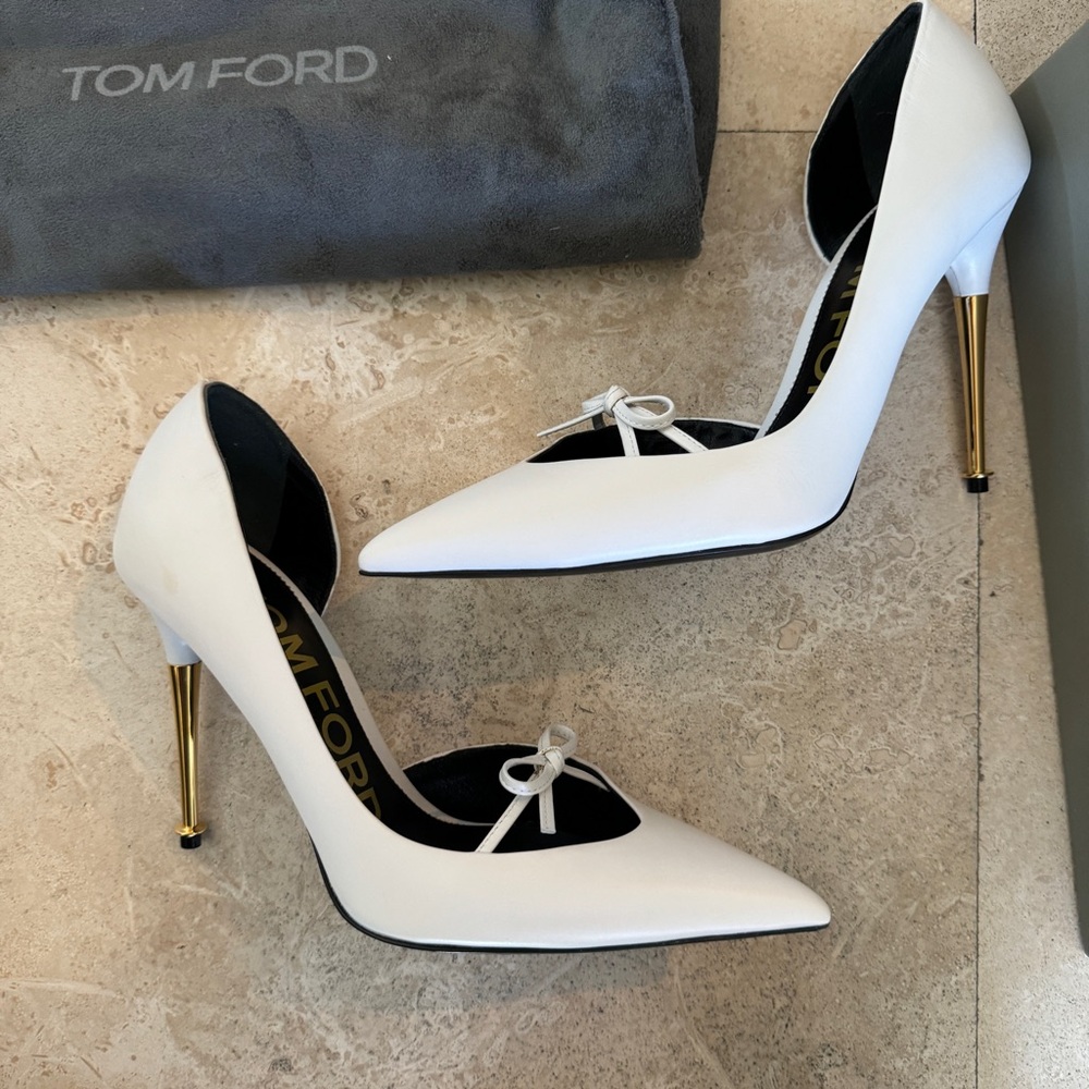 Tom Ford White Leather Pointed Toe Pumps with Gold Stiletto Heel
